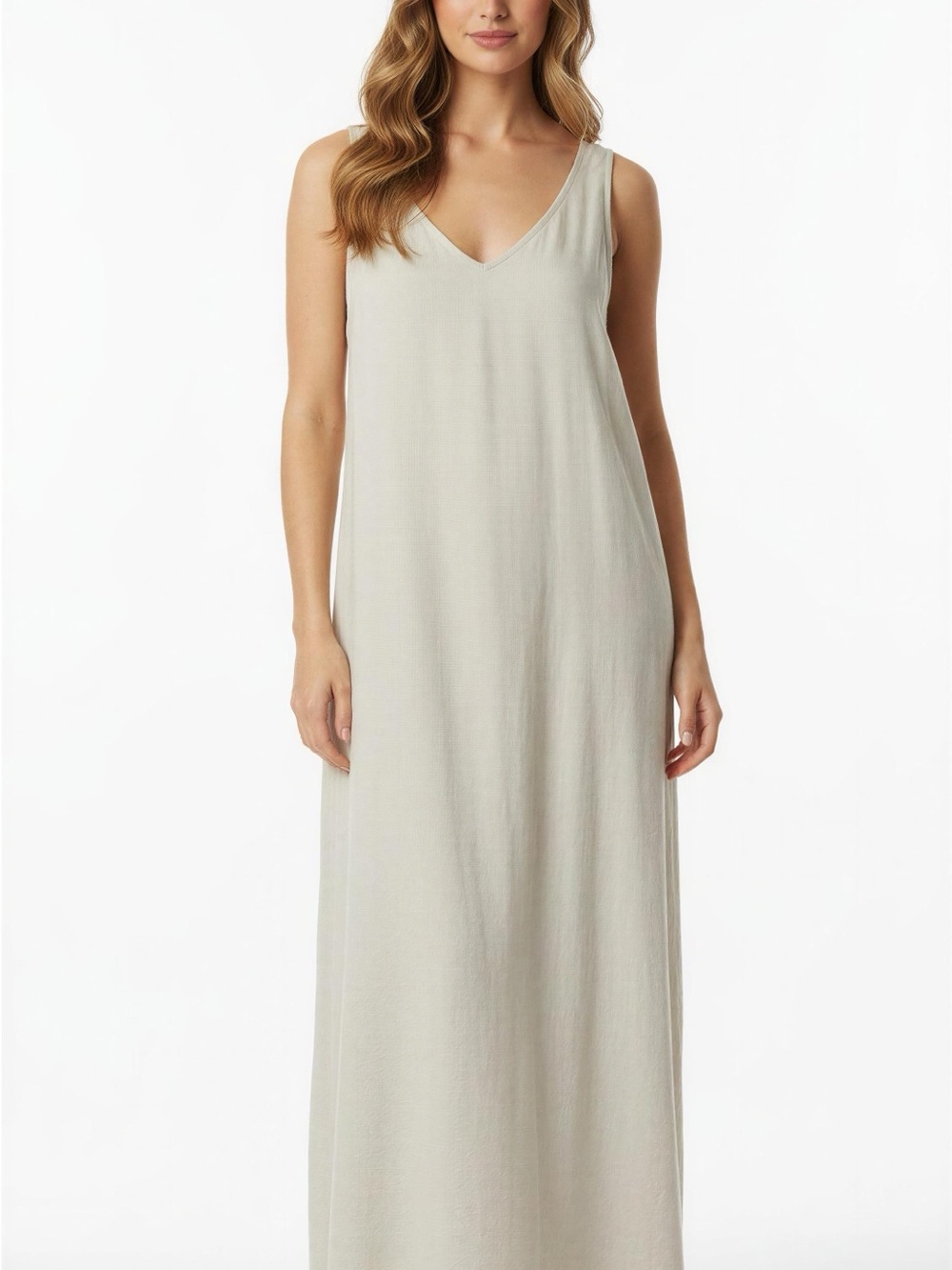 Grade & Gather Sleeveless V-Neck Twisted Shoulder Straps Maxi Dress in Beige